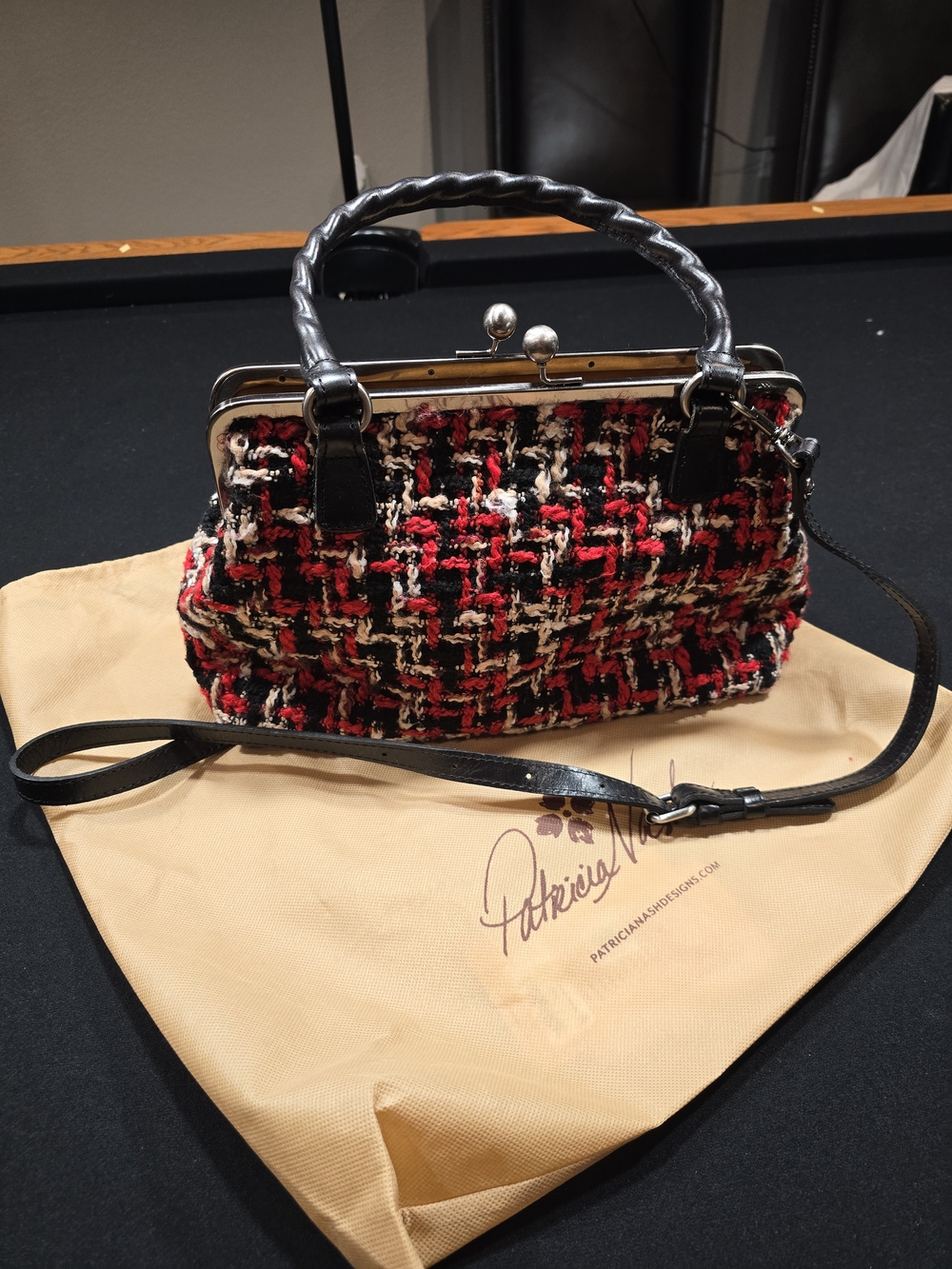 Patricia Nash Red, Black & Cream Tweed Frame Satchel w/ Handle & Shoulder Strap